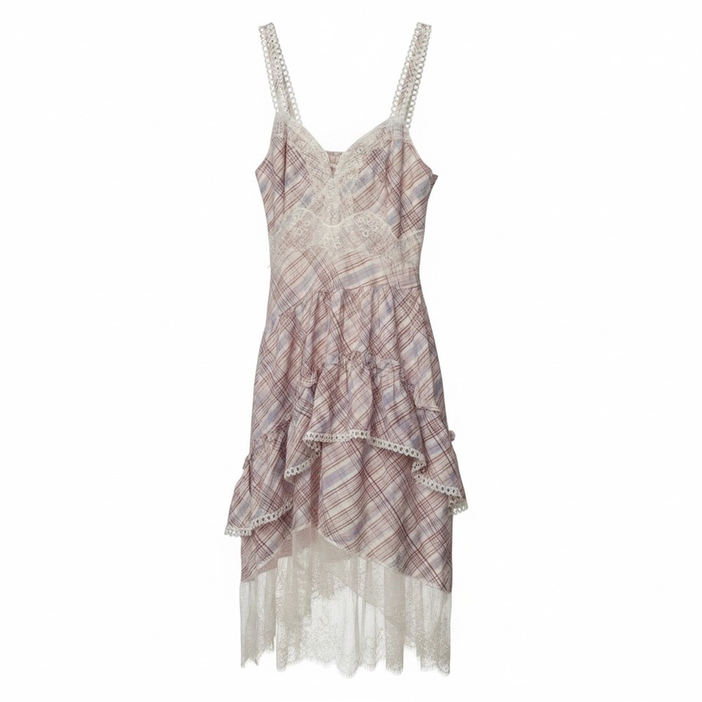 Anthropologie The Bobbi Plaid Lace-Trim Ruffle Midi Dress in White & Brown Large - Picture 4 of 7